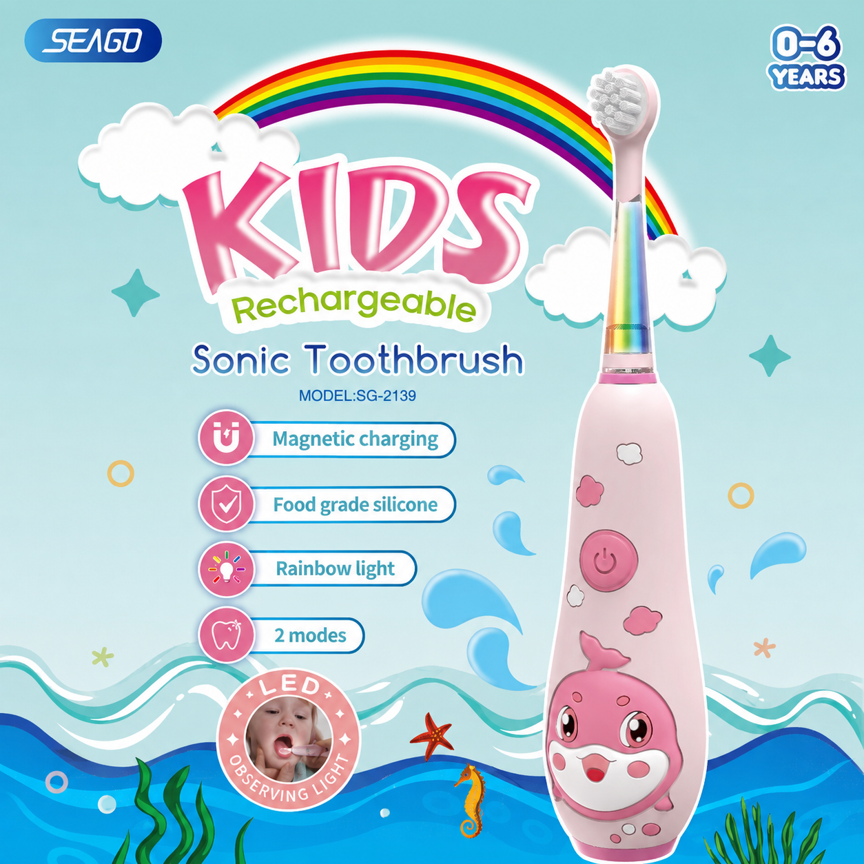 Kids Electric Toothbrush - 8 Tips - Pink