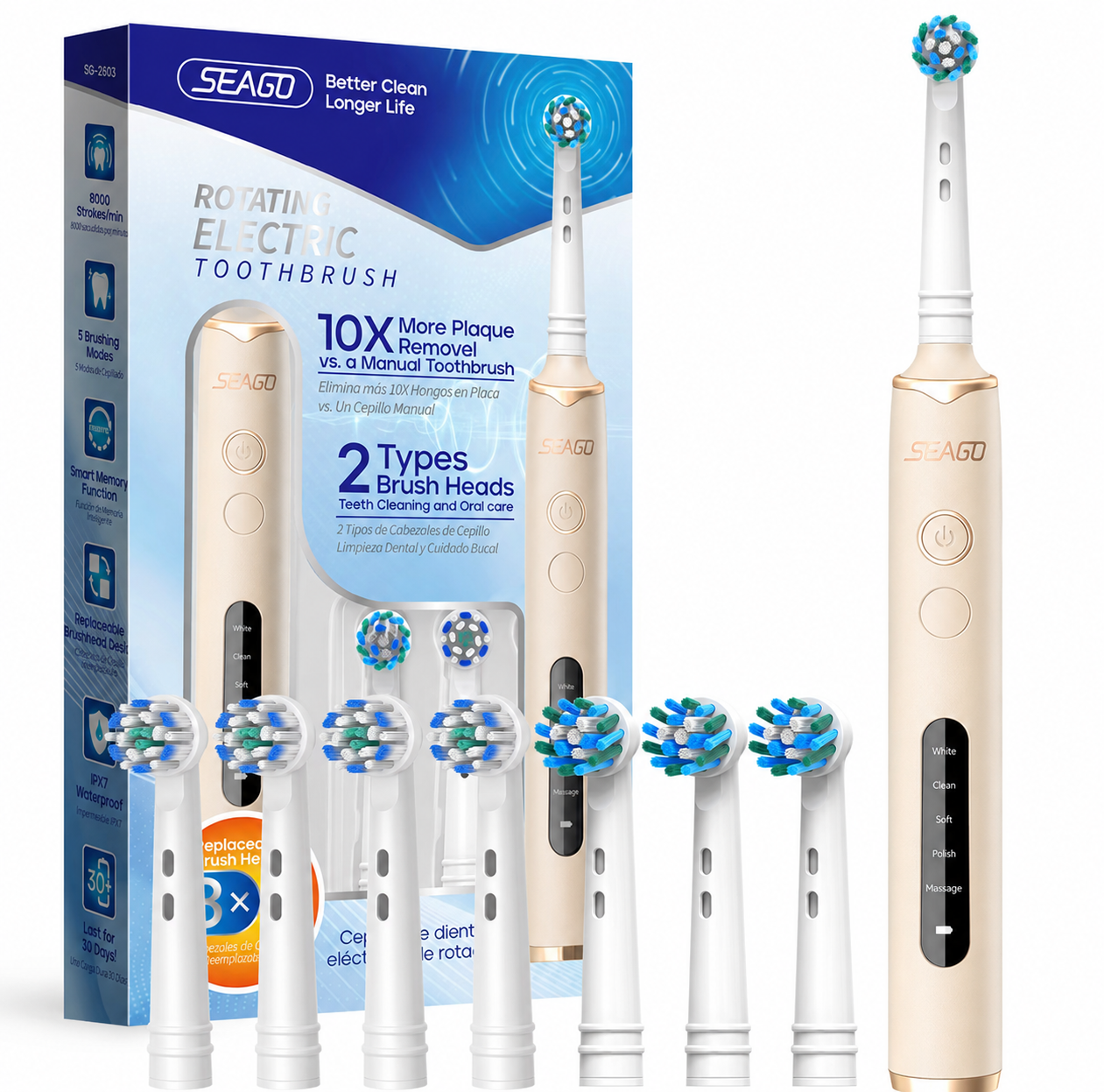 Electric Toothbrush - 8 Tips - Beige