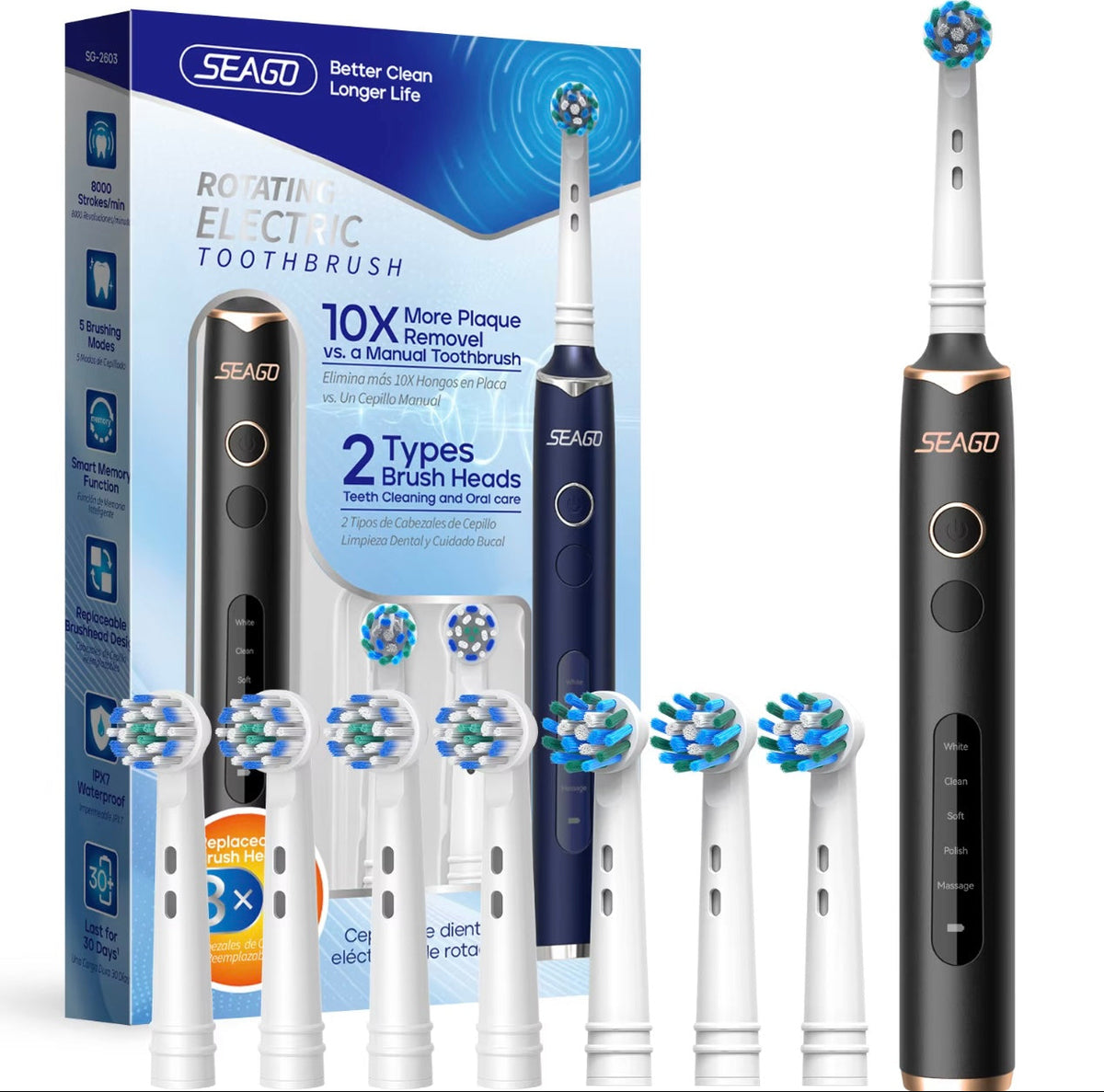 Electric Toothbrush - 8 Tips - Black