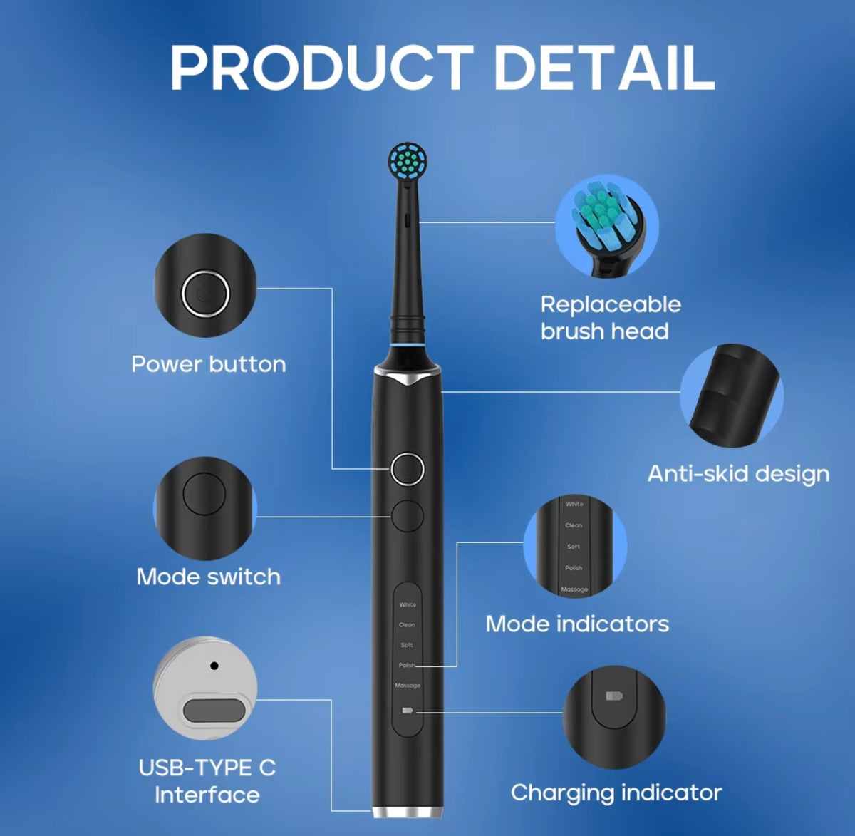 Electric Toothbrush - 8 Tips - Black